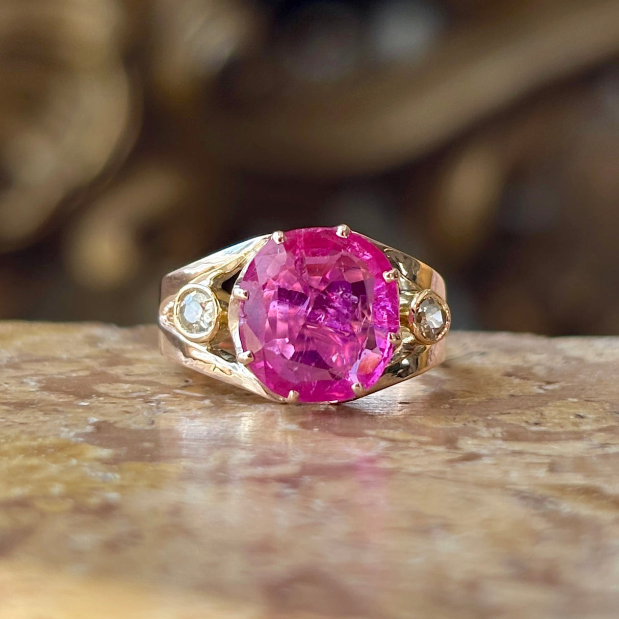 Antique, Victorian pink sapphire & diamond three-stone ring