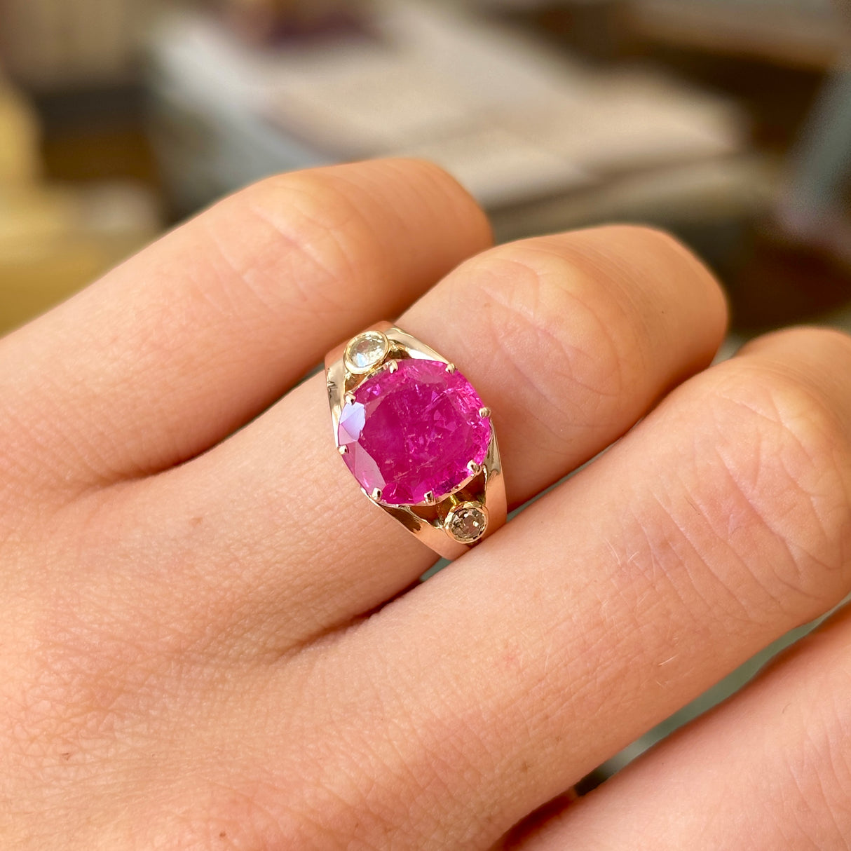 Antique, Victorian pink sapphire & diamond three-stone ring