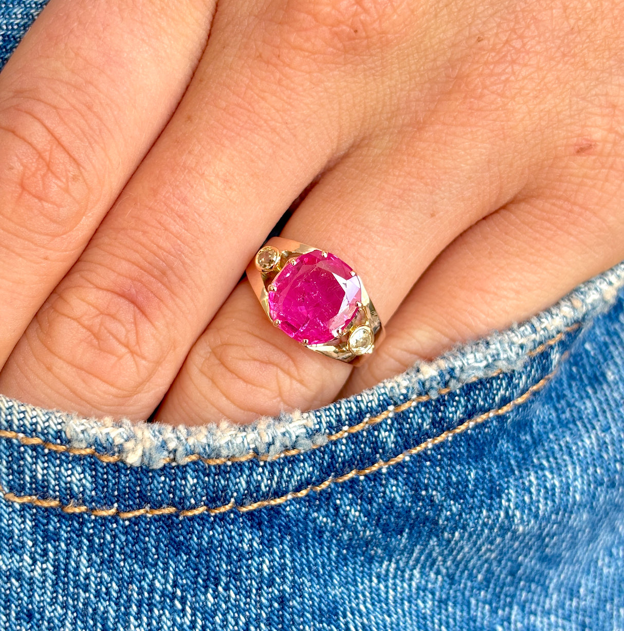Antique, Victorian pink sapphire & diamond three-stone ring