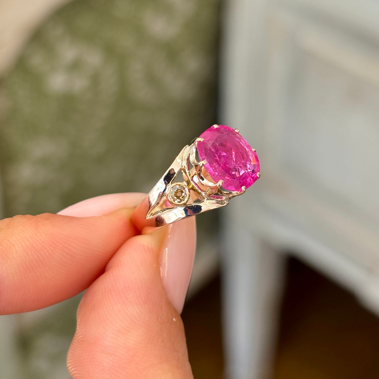 Antique, Victorian pink sapphire & diamond three-stone ring