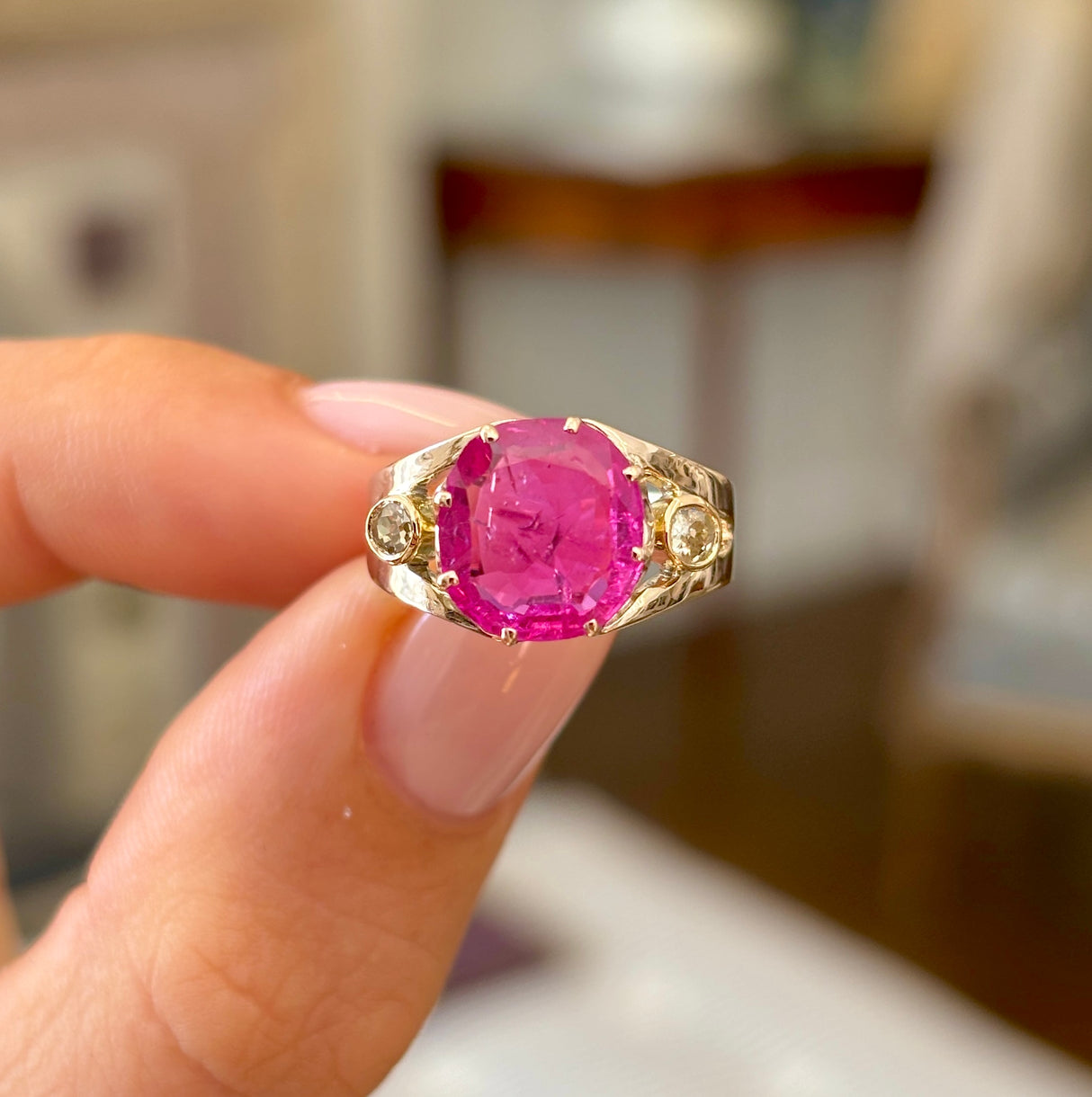 Antique, Victorian pink sapphire & diamond three-stone ring