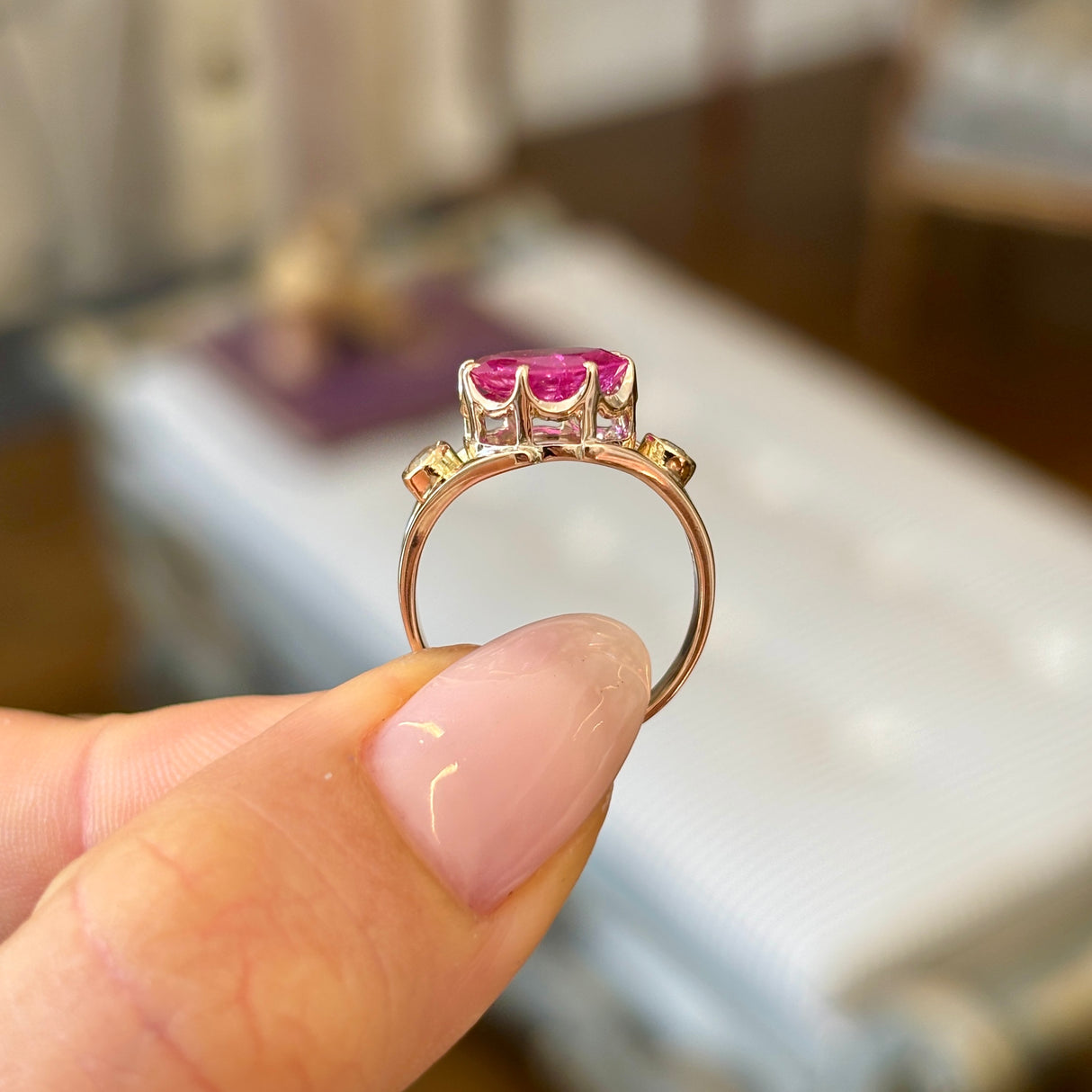 Antique, Victorian pink sapphire & diamond three-stone ring