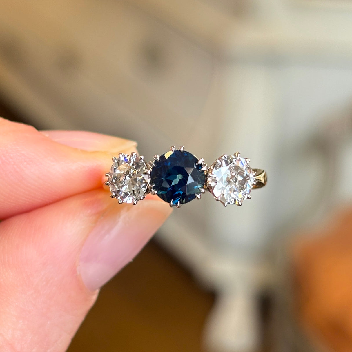 Antique, Edwardian sapphire & diamond three-stone ring