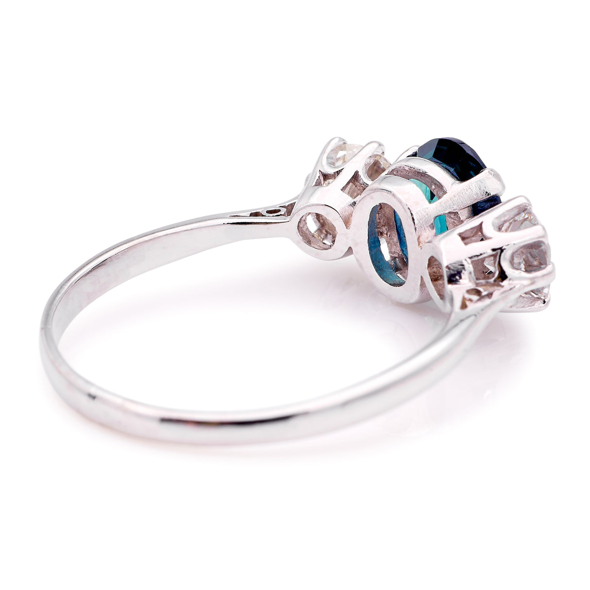 Vintage, 1950s teal sapphire & diamond three-stone ring