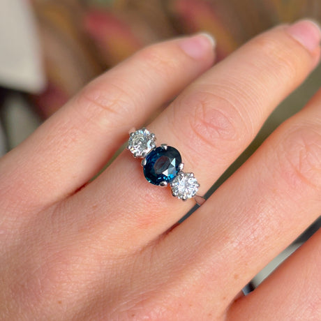 Vintage, 1950s teal sapphire & diamond three-stone ring