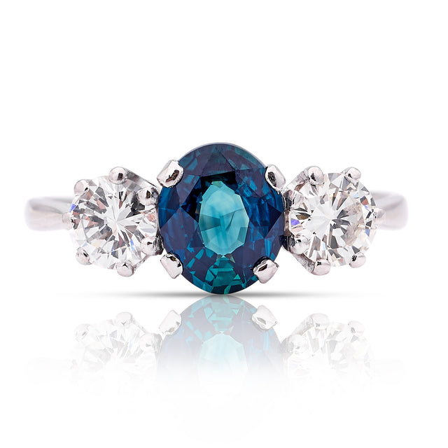2866-Vintage, 1950s teal sapphire & diamond three-stone ring