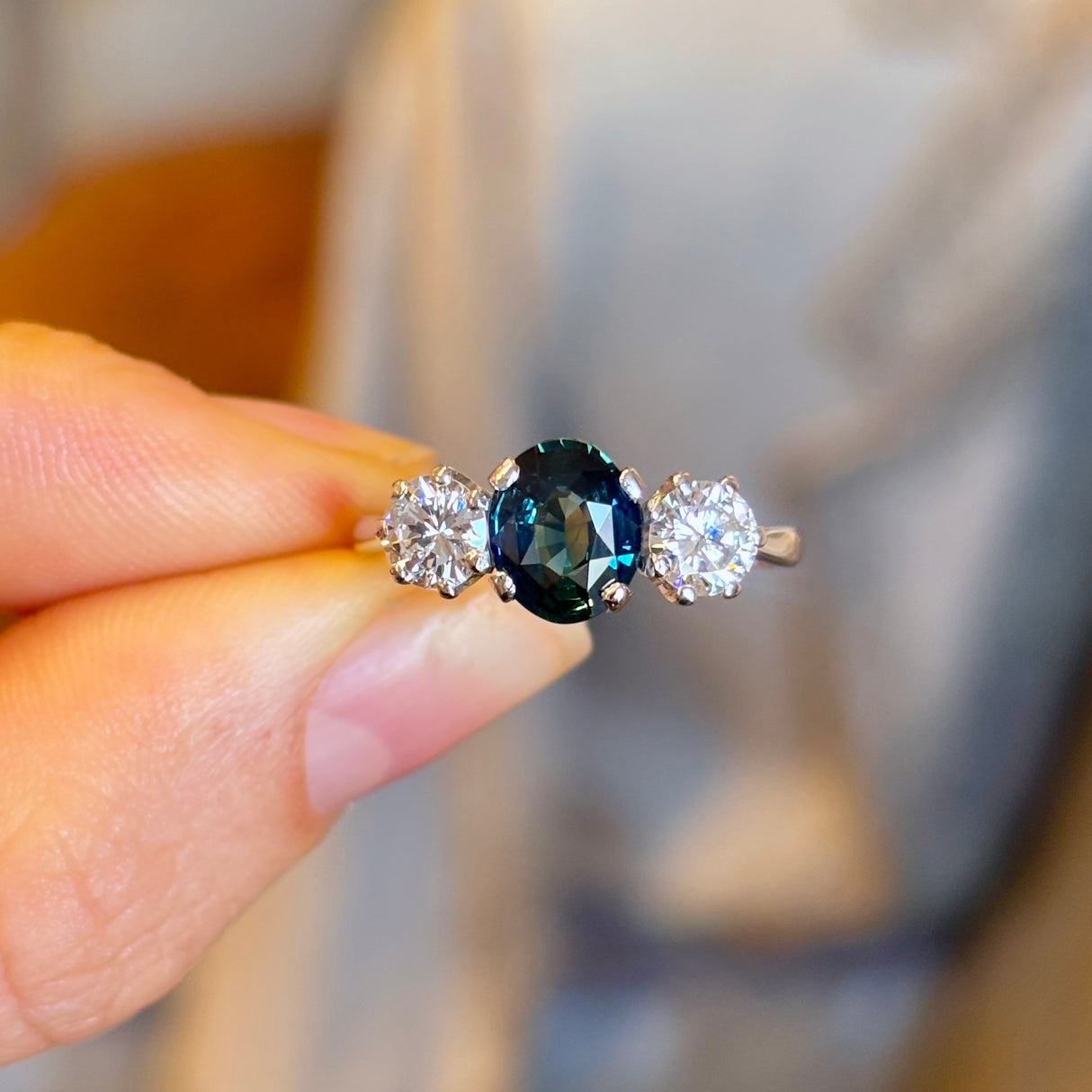 Vintage, 1950s teal sapphire & diamond three-stone ring