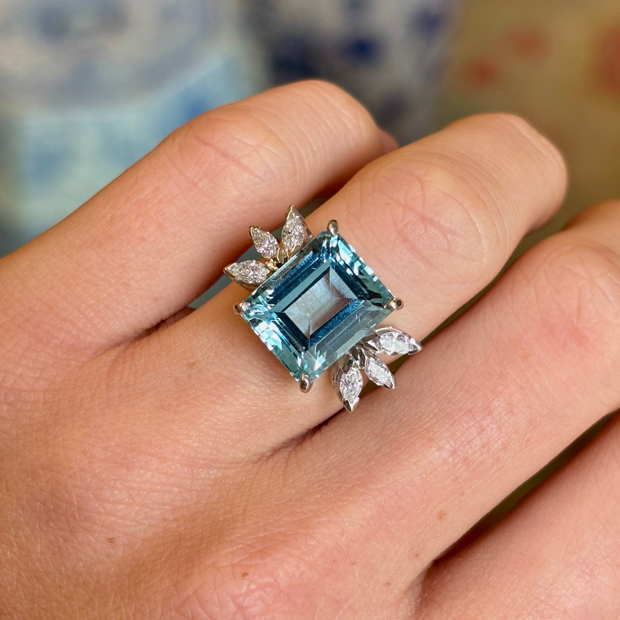 Vintage, 6.30ct aquamarine & diamond cluster ring