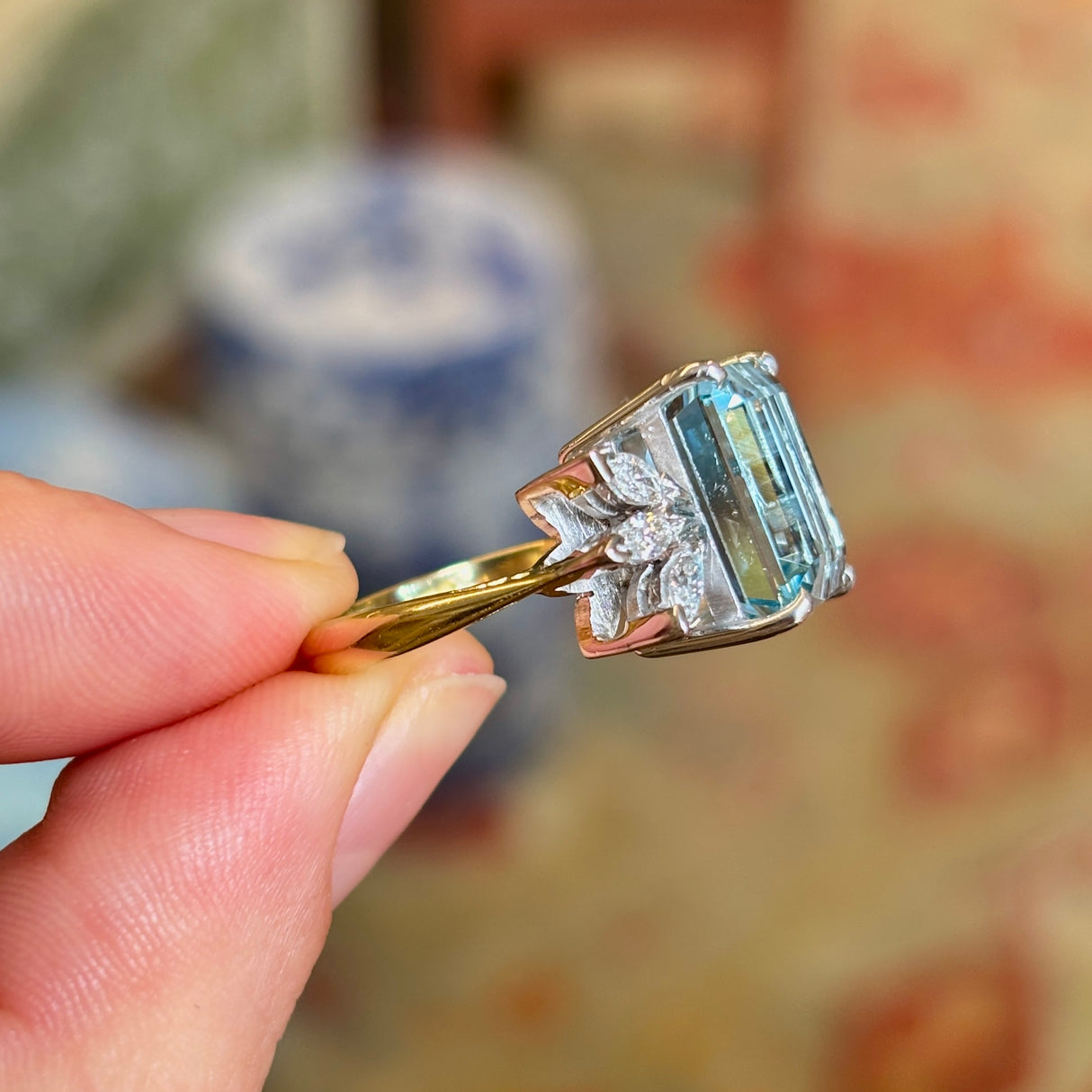 Vintage, 6.30ct aquamarine & diamond cluster ring