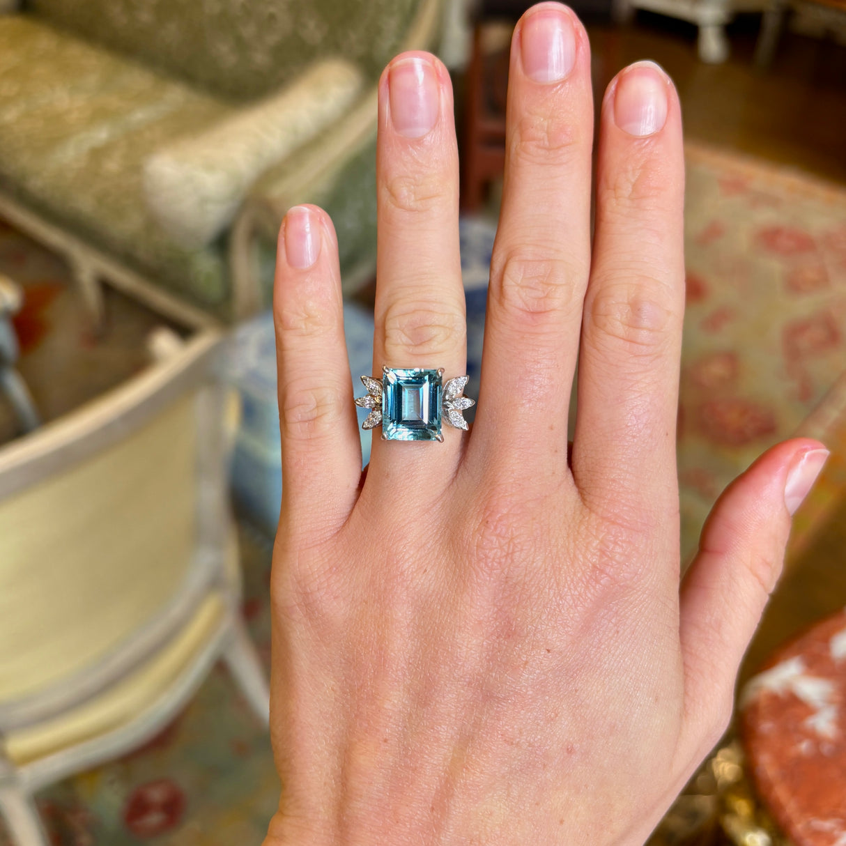 Vintage, 6.30ct aquamarine & diamond cluster ring