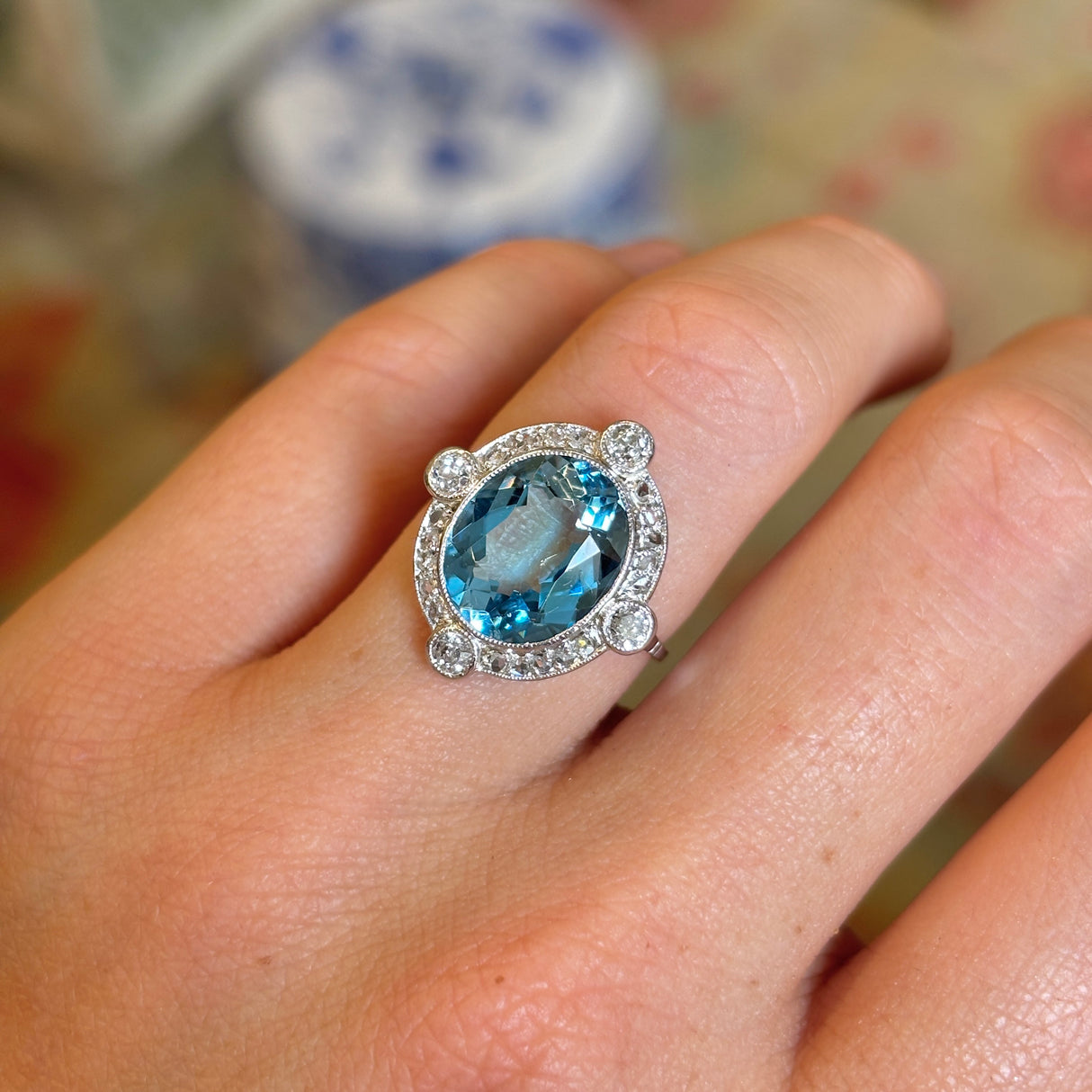Antique, Belle Époque aquamarine & diamond cluster ring