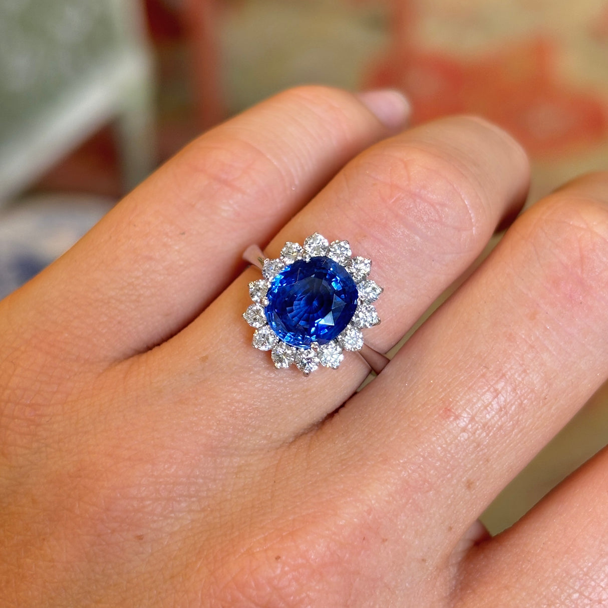 Vintage, Royal Blue sapphire & diamond cluster ring