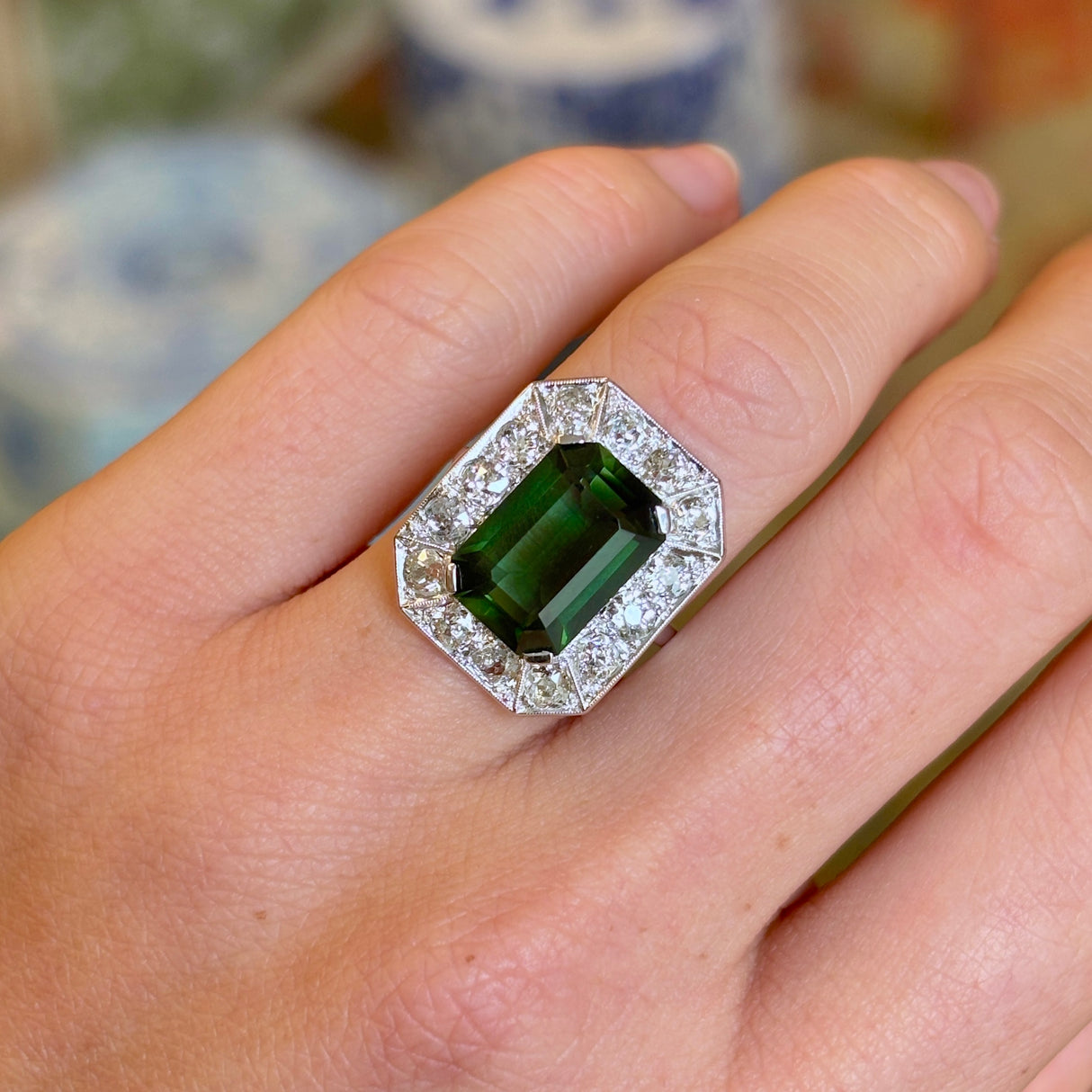Vintage, Art Deco 5ct chrome green tourmaline & diamond cocktail ring