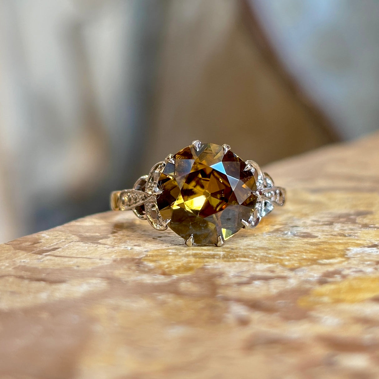 Antique, 1920s golden brown zircon cocktail ring