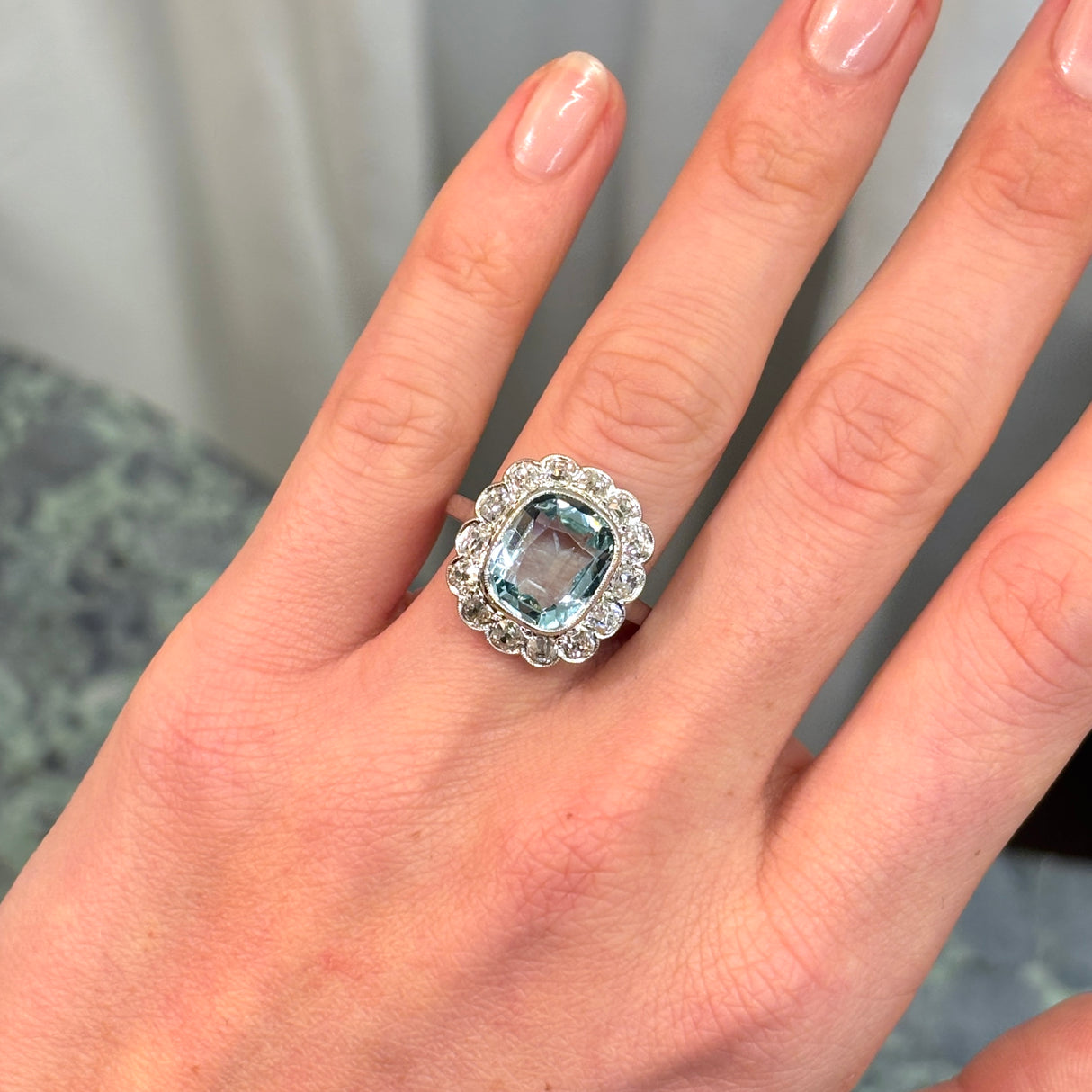 Antique, 1900s aquamarine & diamond cluster ring