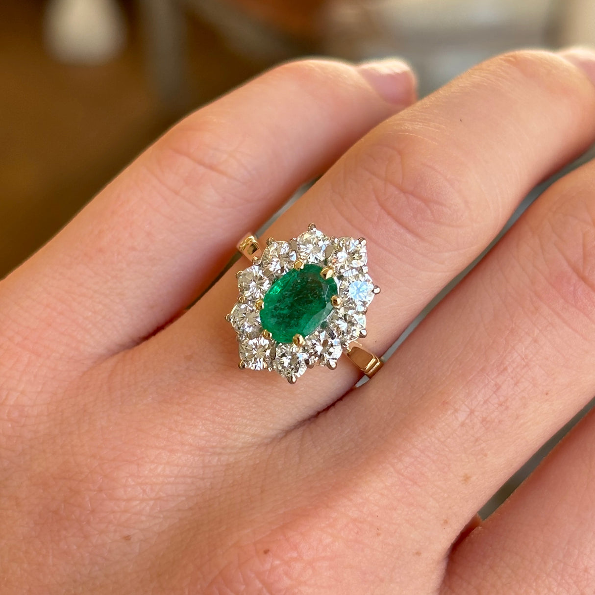 Vintage, 1990s emerald & diamond cluster ring