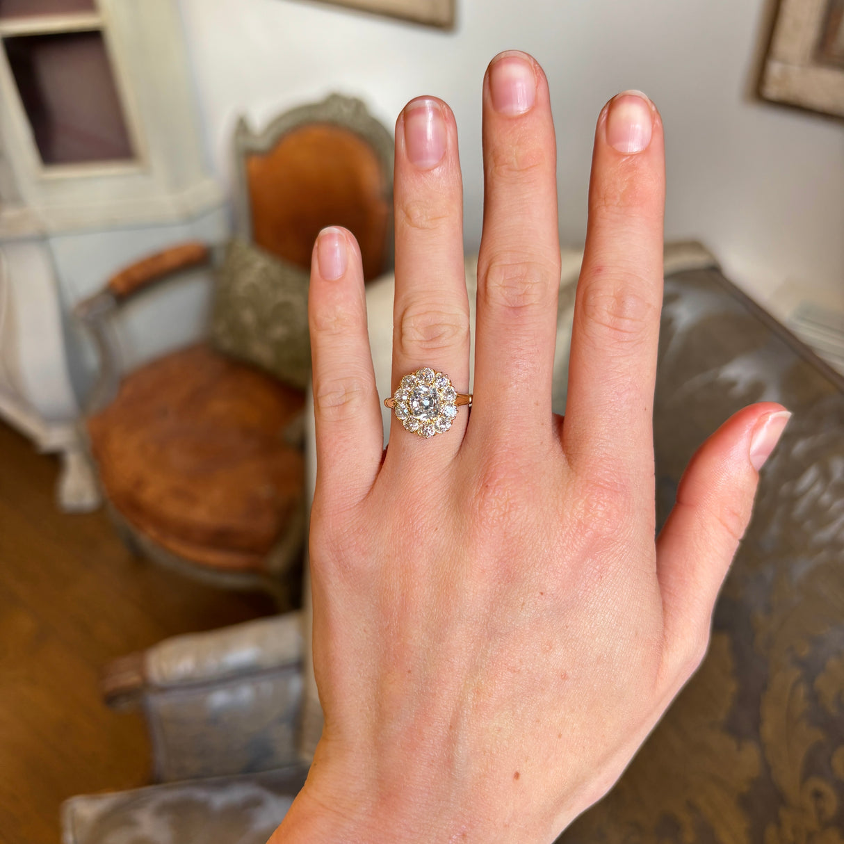 Antique, Edwardian old-cut diamond cluster engagement ring