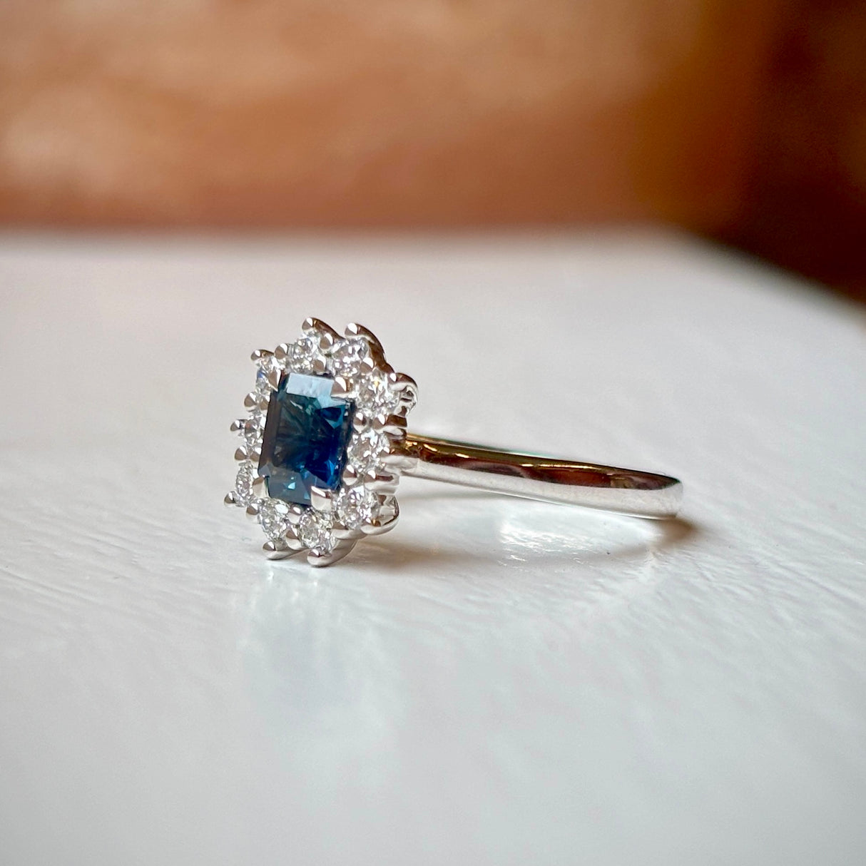 Octagon shape teal sapphire & diamond cluster ring