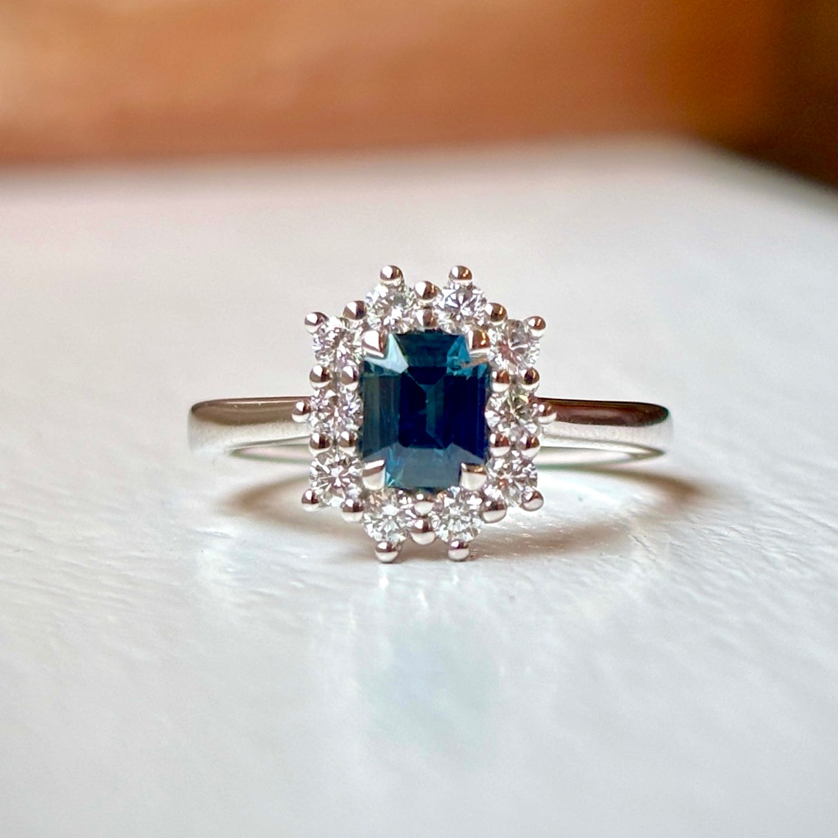 Octagon shape teal sapphire & diamond cluster ring