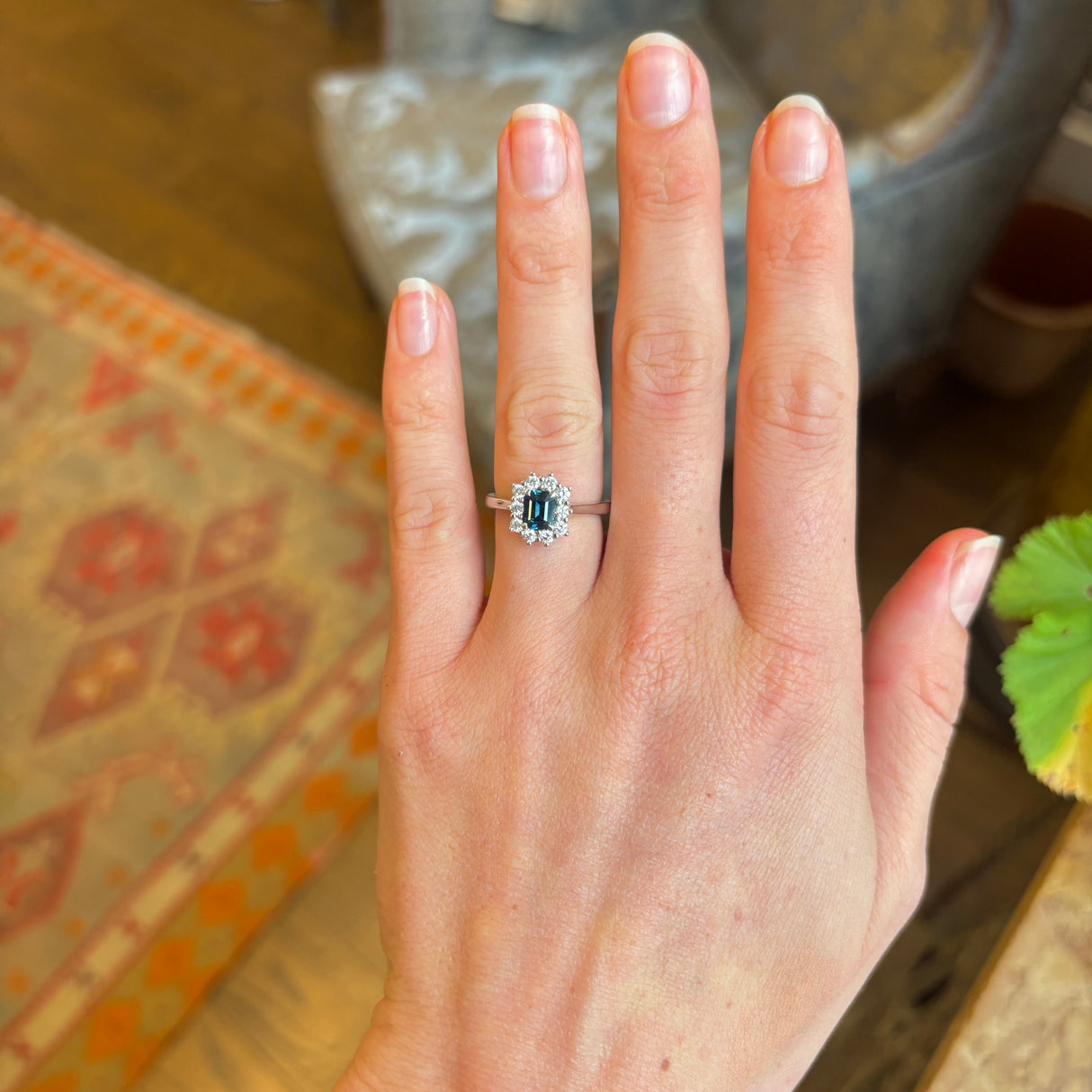 Octagon shape teal sapphire & diamond cluster ring