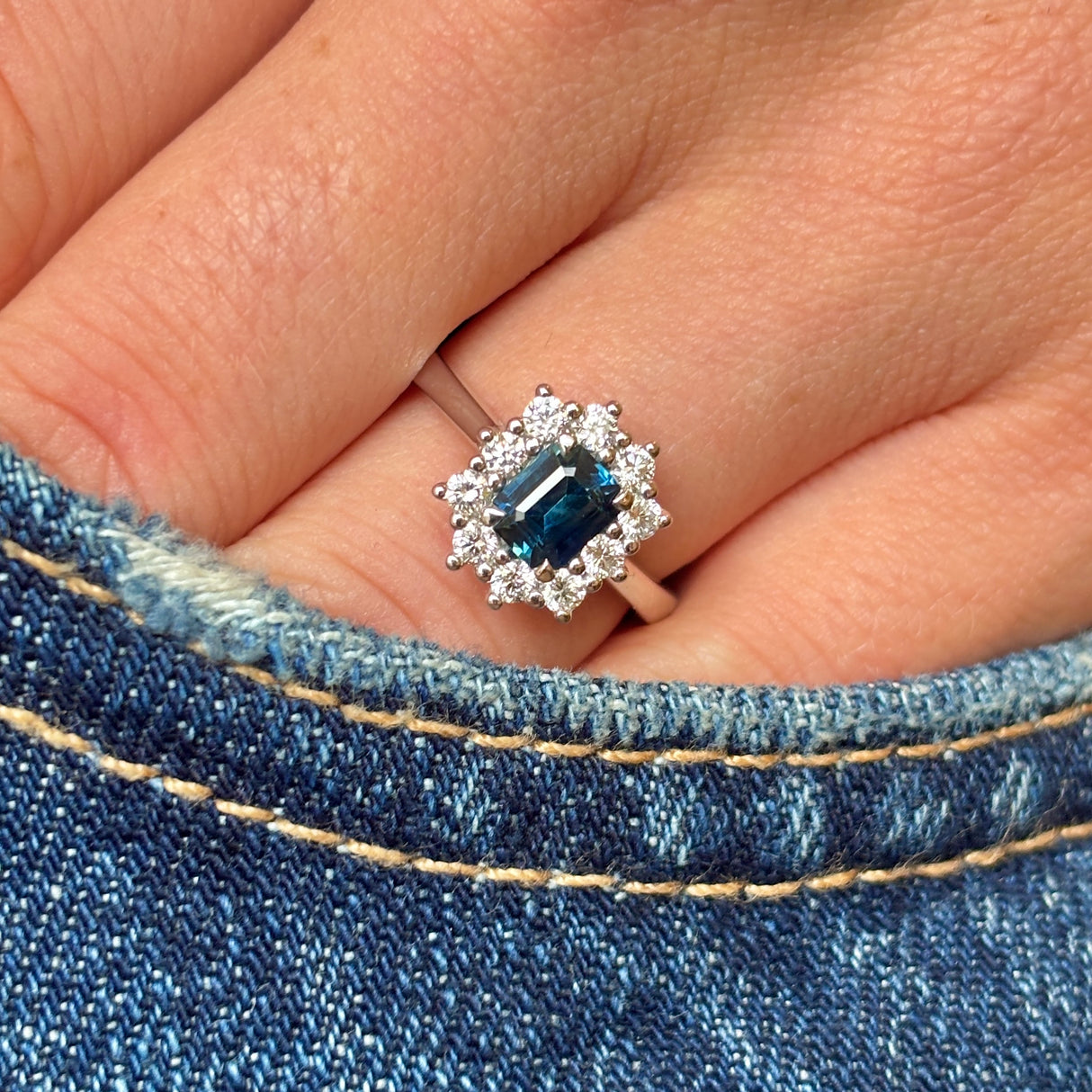 Octagon shape teal sapphire & diamond cluster ring