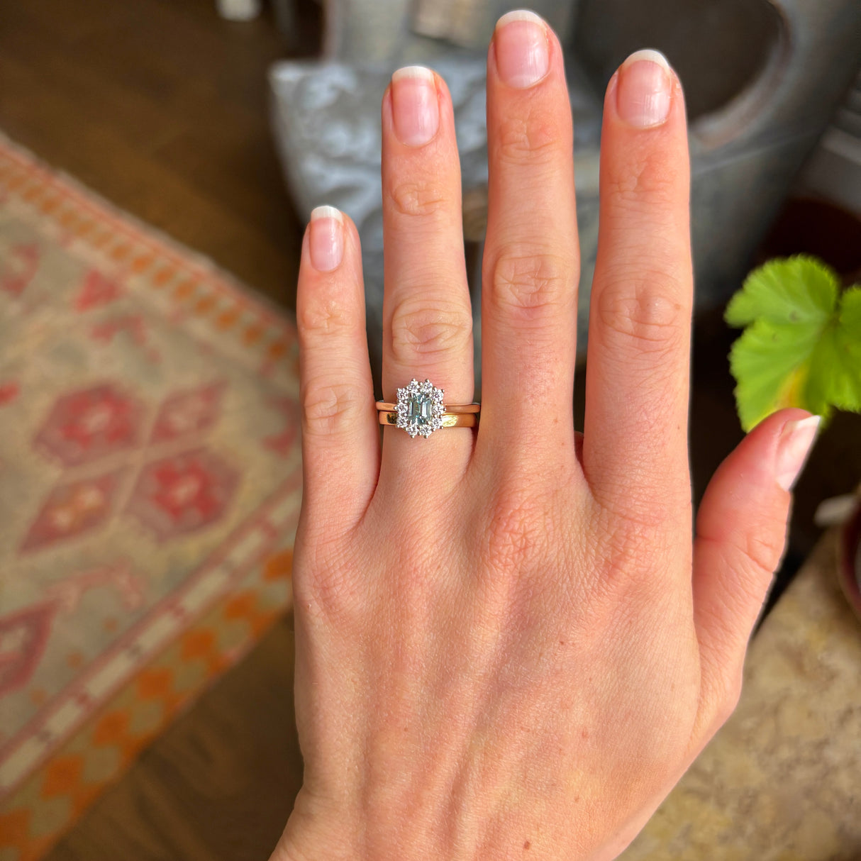Octagon-cut green sapphire & diamond cluster engagement ring