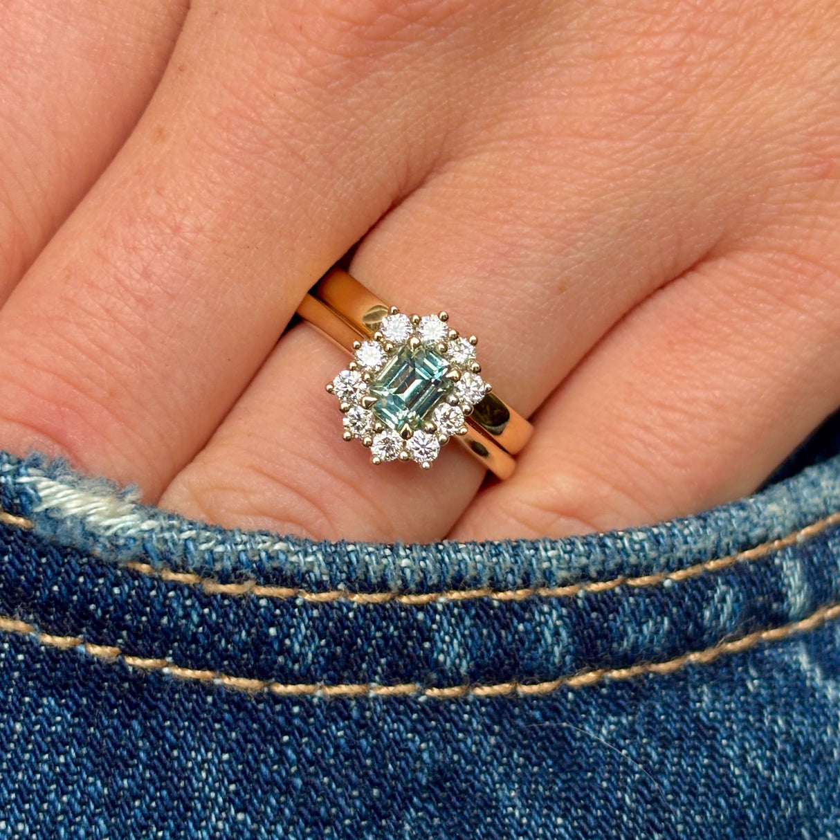 Octagon-cut green sapphire & diamond cluster engagement ring