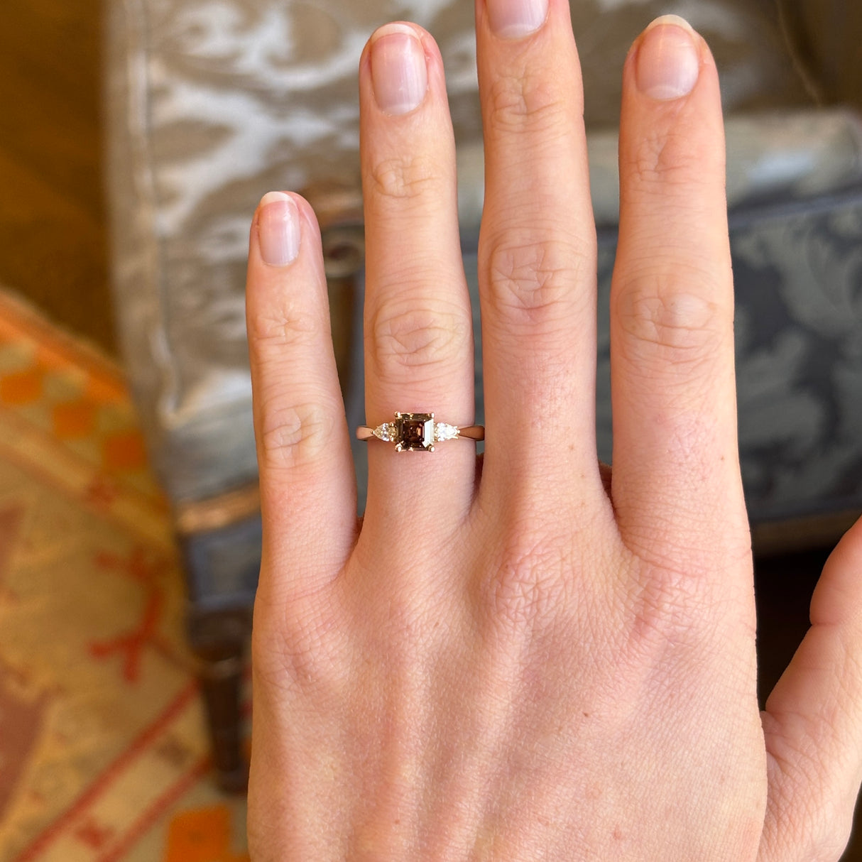 Asscher-cut brown sapphire & diamond three-stone ring