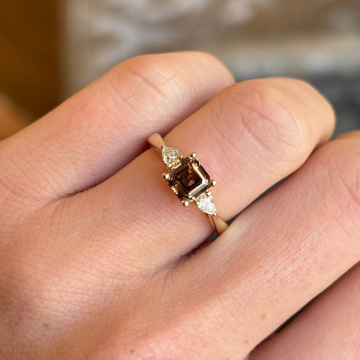 Asscher-cut brown sapphire & diamond three-stone ring