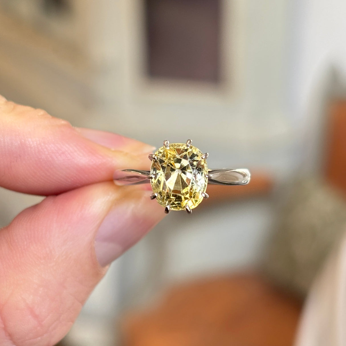 19th century old cushion-cut yellow sapphire ring