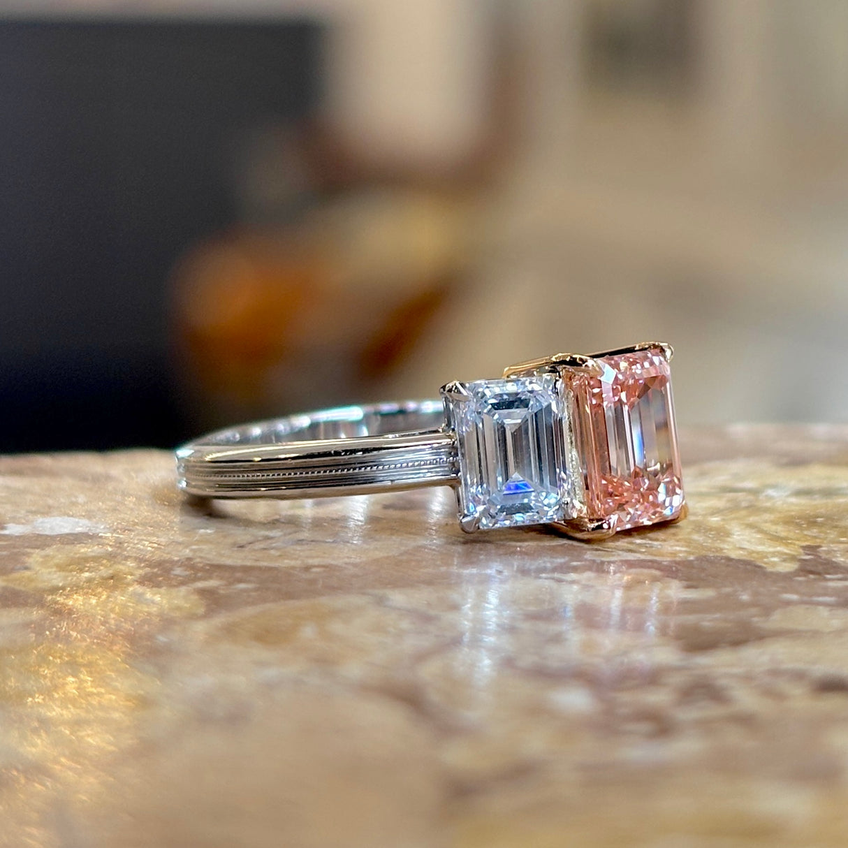 Lab-pink diamond & white diamond three-stone ring