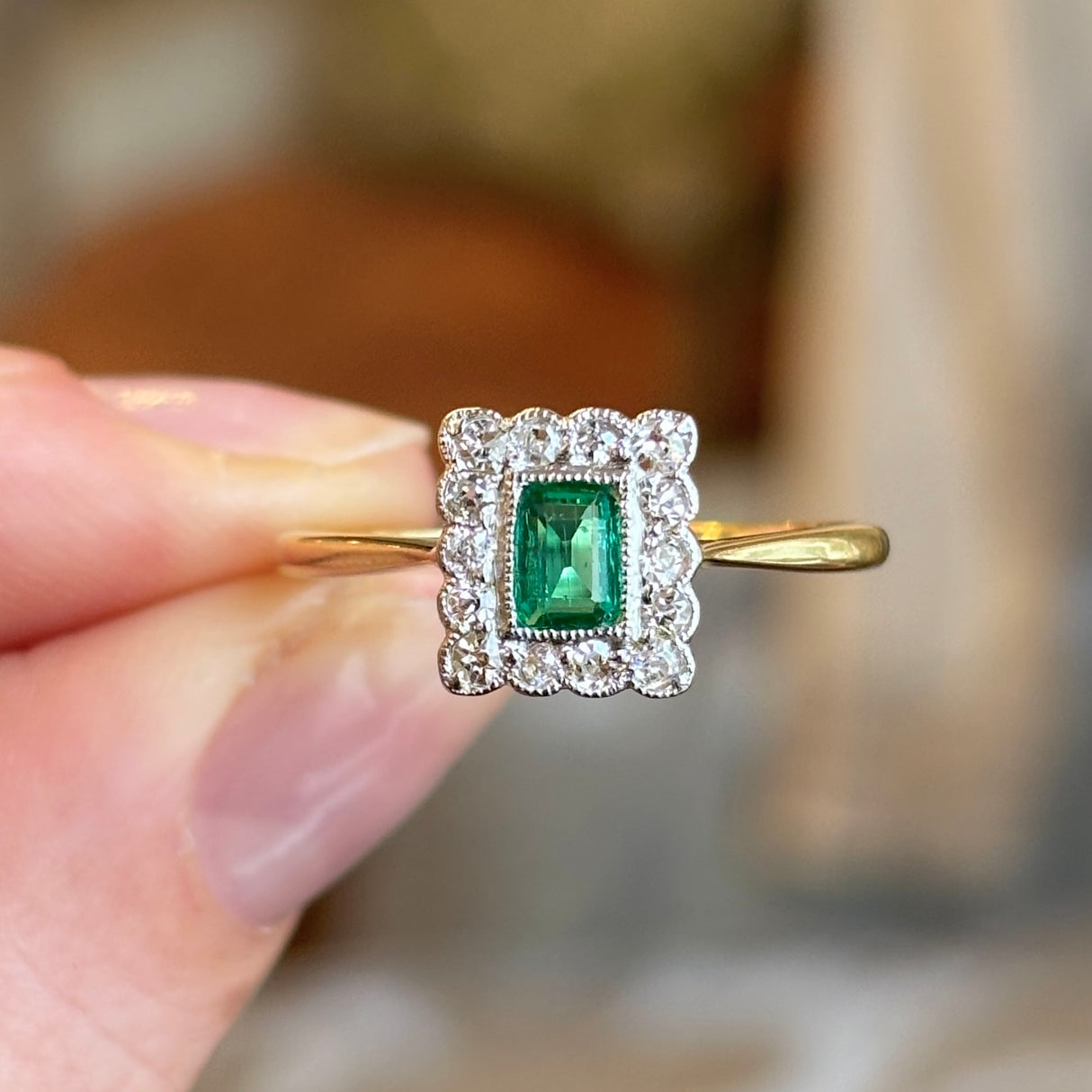 Antique, Edwardian emerald & diamond cluster engagement ring