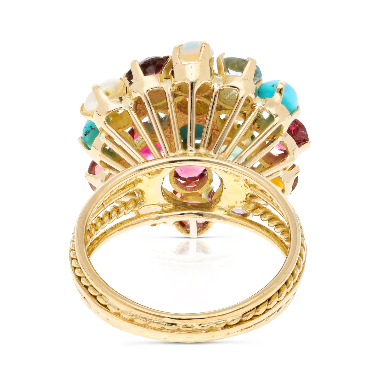 Multi gemstone cluster ring, back view.