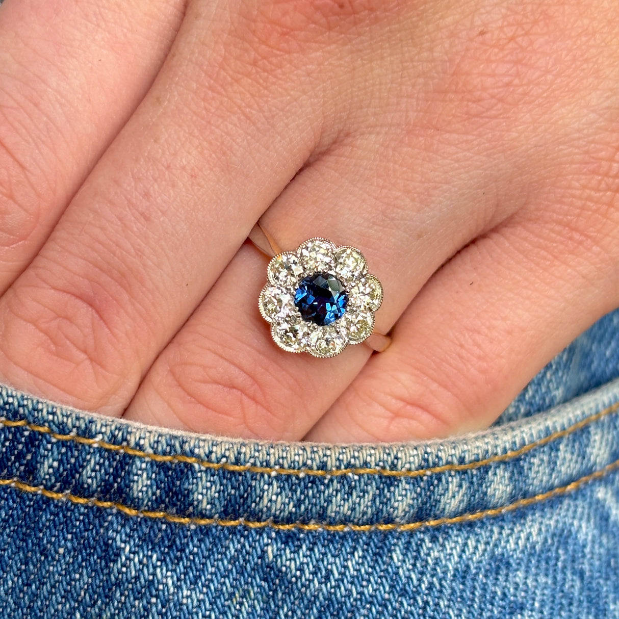 Antique, Edwardian sapphire and diamond daisy cluster ring