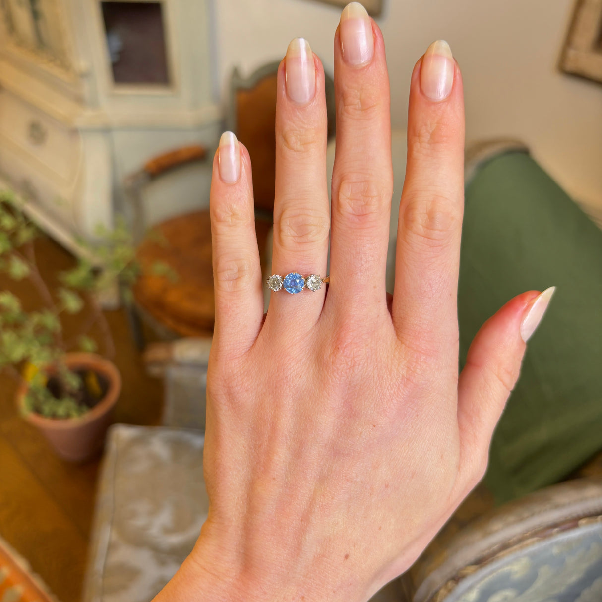 Vintage, 1970s powder-blue sapphire & diamond three-stone ring