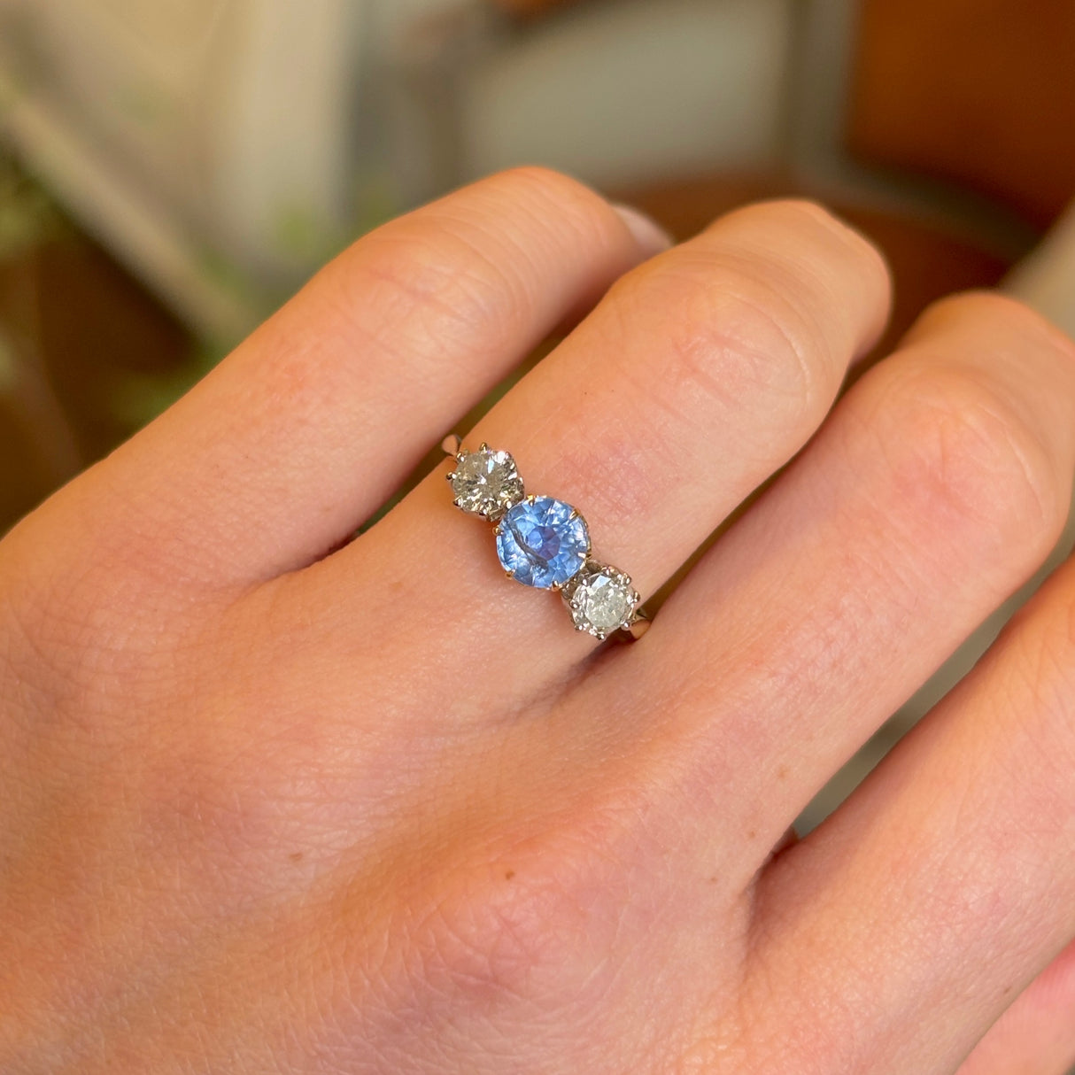 Vintage, 1970s powder-blue sapphire & diamond three-stone ring