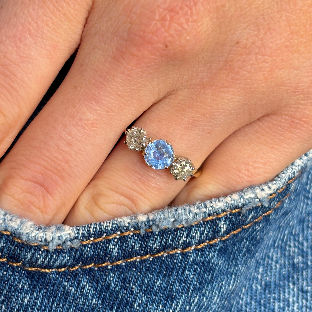 Vintage, 1970s powder-blue sapphire & diamond three-stone ring