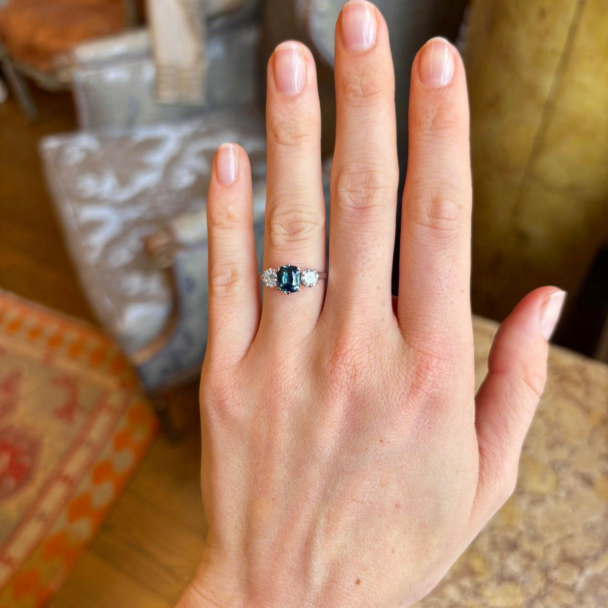 Vintage, 1950s Green-teal sapphire & diamond three-stone ring