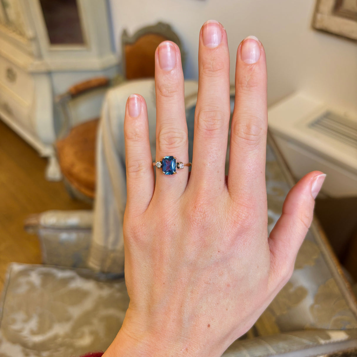 Vintage, 1930s teal-blue sapphire & diamond three-stone ring