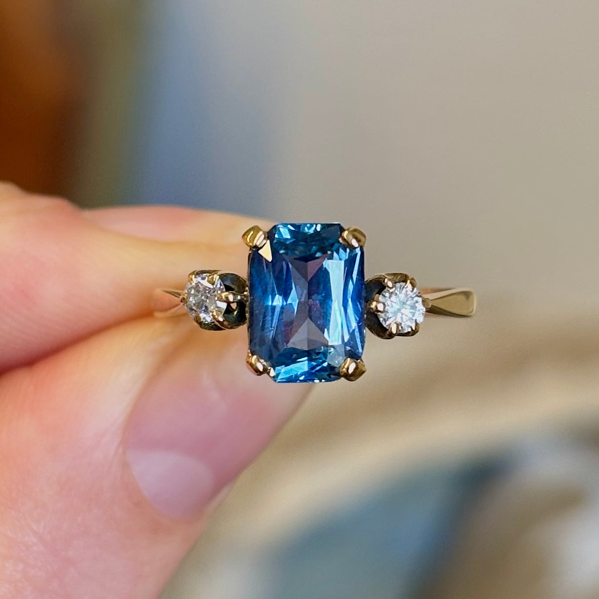 Vintage, 1930s teal-blue sapphire & diamond three-stone ring