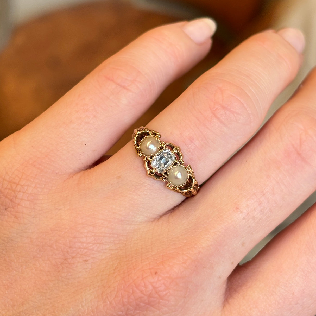 Antique, Georgian diamond & pearl three-stone ring