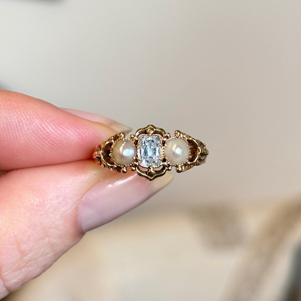 Antique, Georgian diamond & pearl three-stone ring