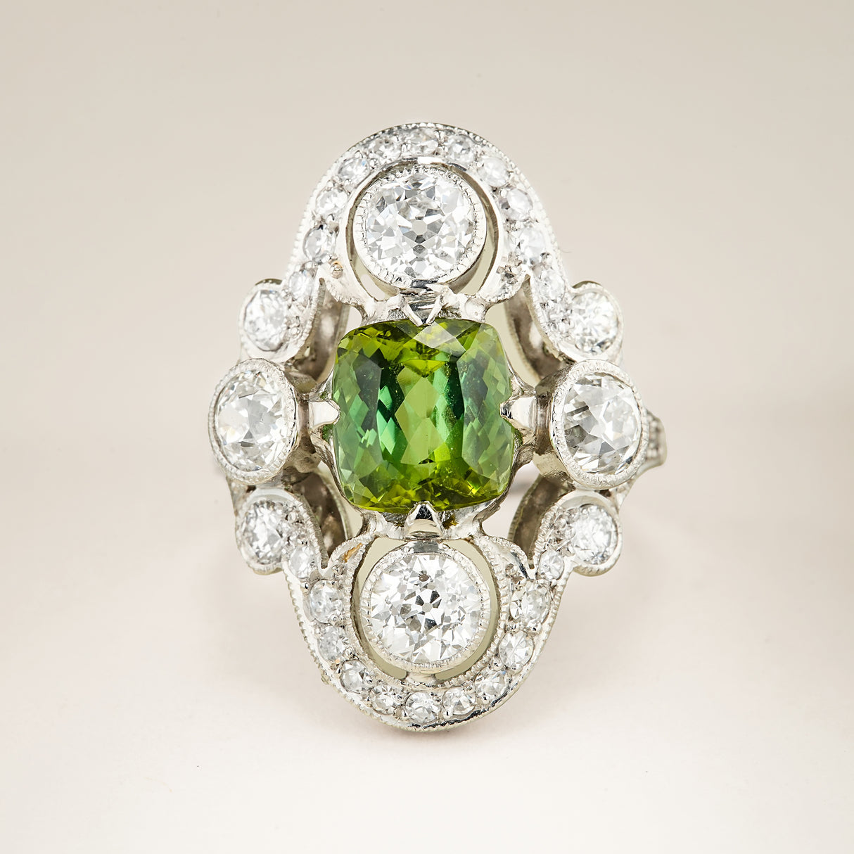 Vintage 1950s, French green tourmaline & diamond cocktail ring
