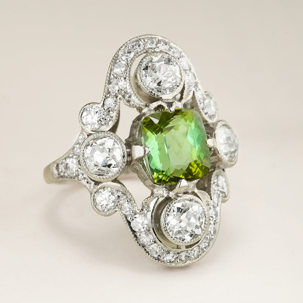 Vintage 1950s, French green tourmaline & diamond cocktail ring