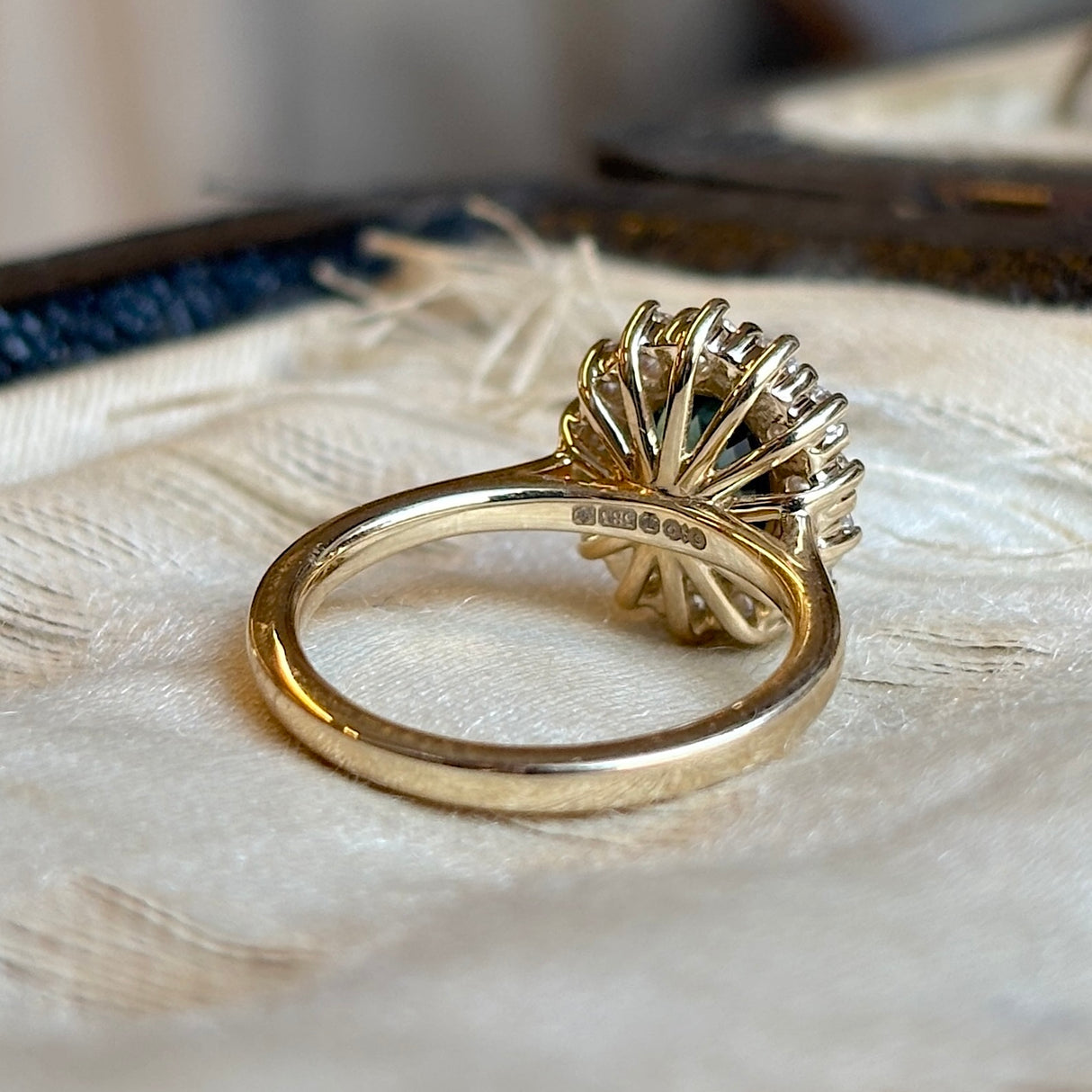 Teal sapphire & diamond cluster ring