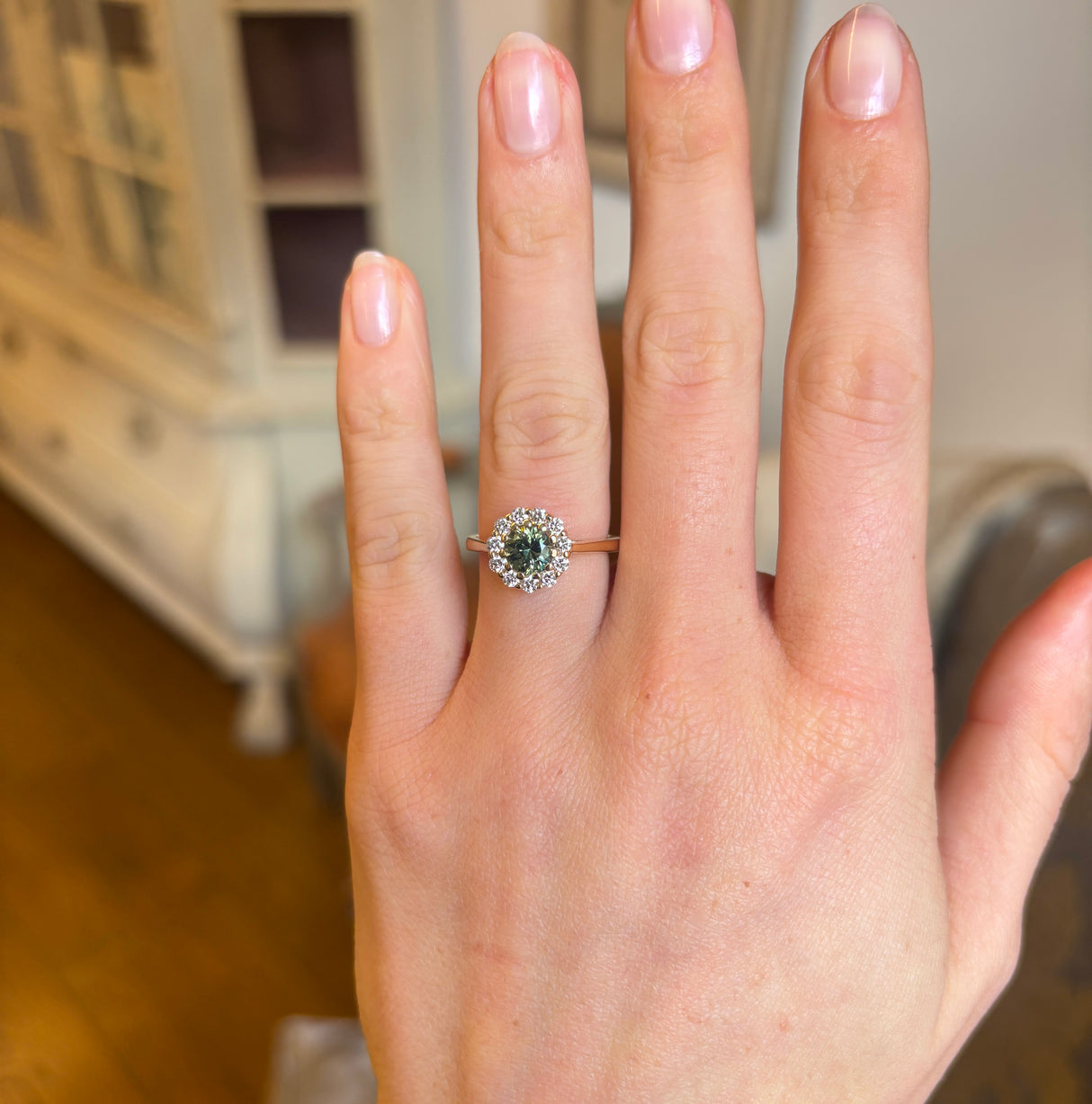 Green sapphire & diamond cluster ring