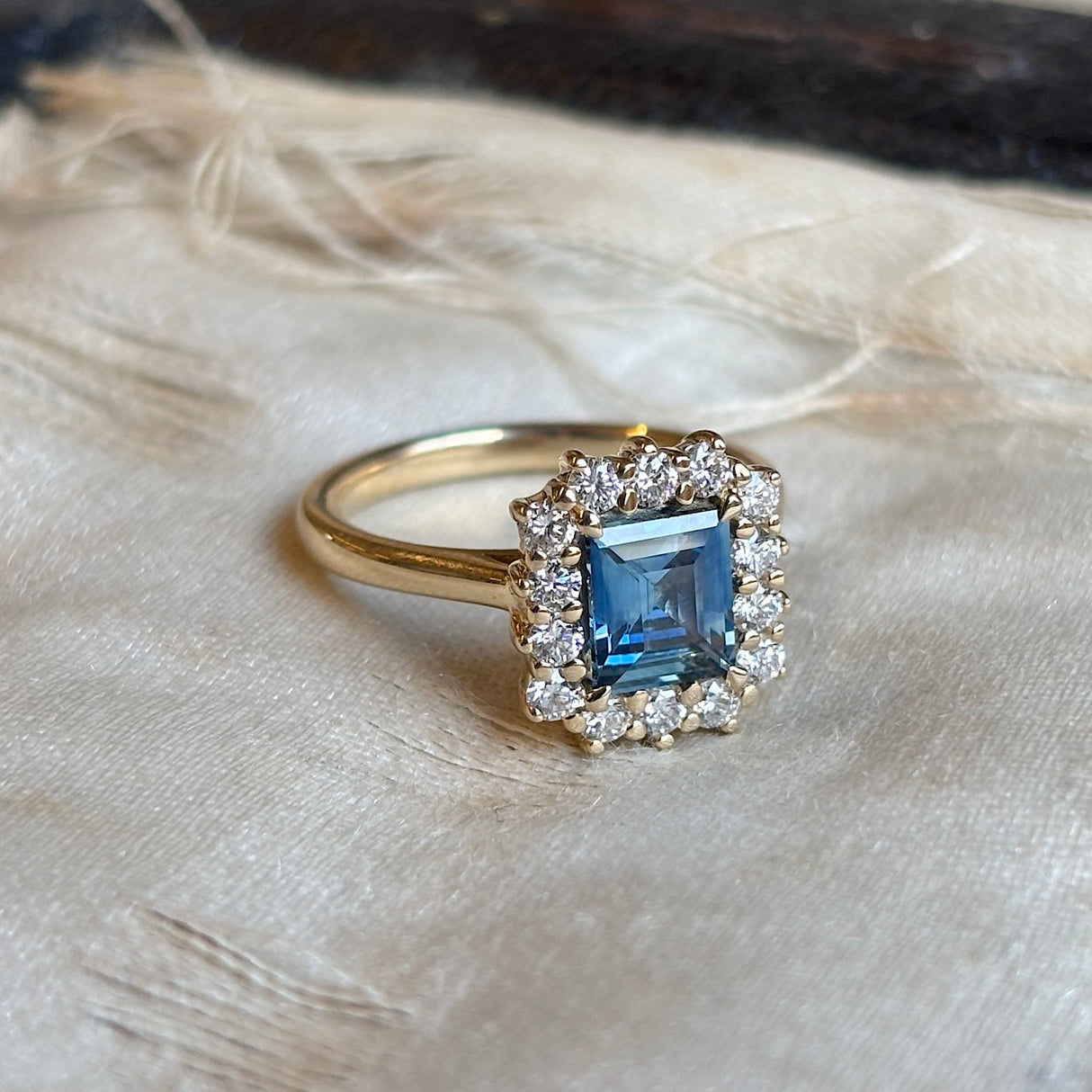 Baguette-cut teal sapphire & diamond cluster ring