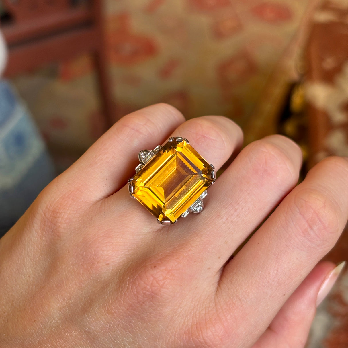 Vintage, 1920's citrine & diamond cocktail ring