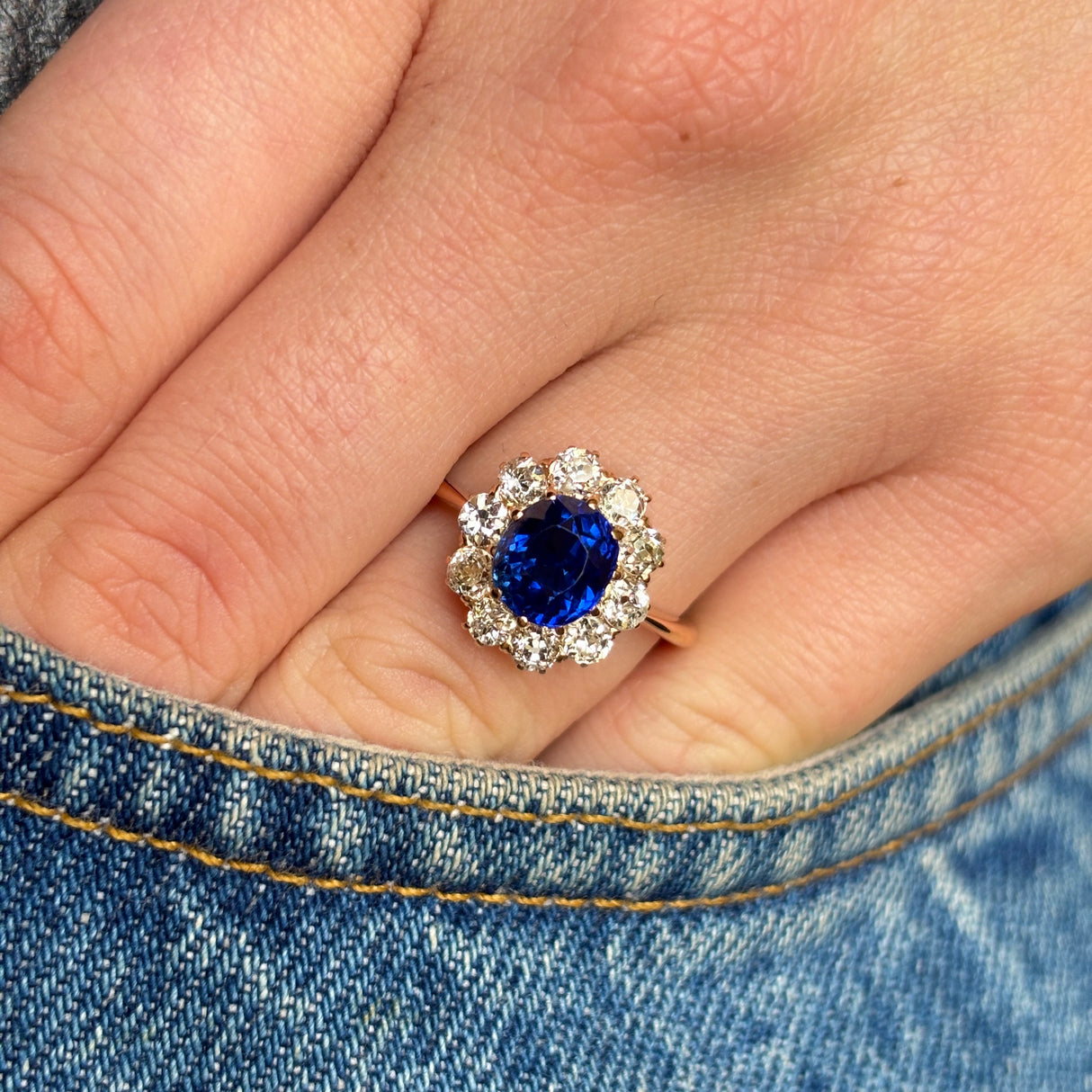 Antique, 1920s royal-blue synthetic sapphire & diamond cluster ring