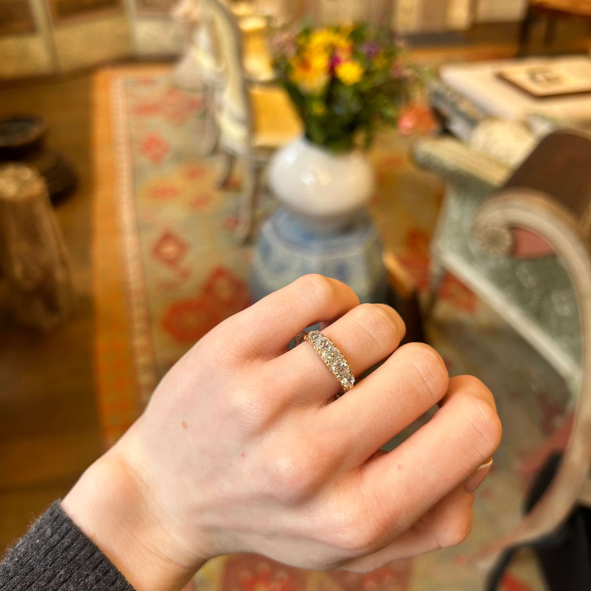 Antique, Victorian Old cushion-cut diamond five-stone ring